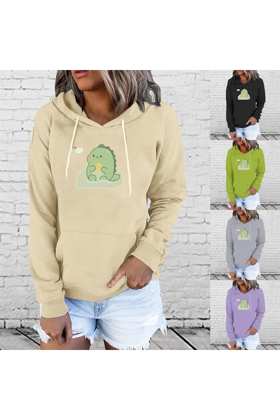 Womens Cute Pullover Sweatshirts Trendy Novelty Dinosaur Cartoon Hoodies Soft Cozy Long Sleeve Thin Fleece Fall Blouse with Kangaroo Pocket Winter Saving Green L
