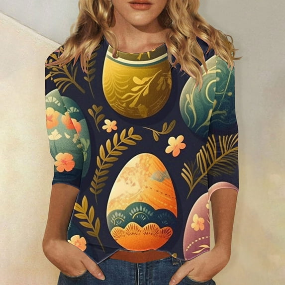 Jinhomg Womens Cute Rabbit Shirts Casual Comfy 3/4 Sleeve Crew Neck Tunic Tops 2025 Trendy Spring Easter Day T-Shirts Ladies Holiday Gifts Summer Saving Yellow XXXL