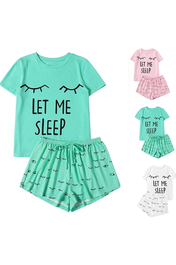 Womens Cute Summer Pajama Set 2 Piece Funny Graphic Loungewear Fashion Letter Print Short Sleeve T-Shirts with Elastic Waist Shorts Holiday Green M