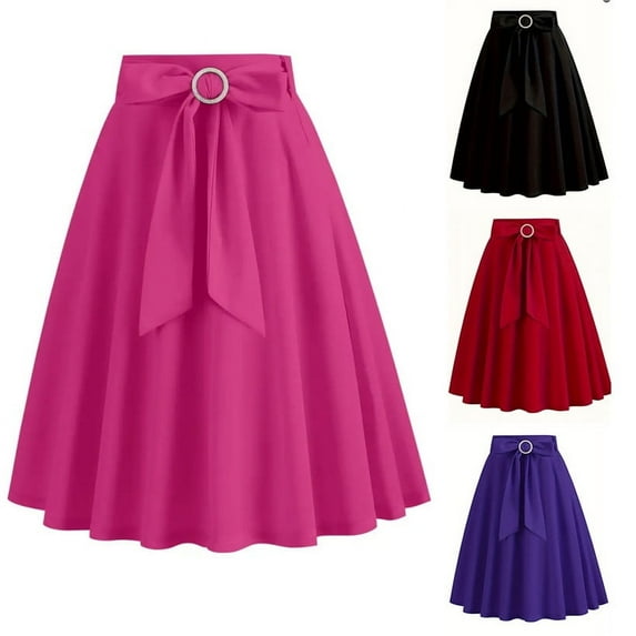 Jinhomg Womens Cute Summer Skirt Vintage 1950 Style Pleated Swing Skirts Flowy Comfy High Waist Maxi Skirt with Bow Ladies Evening Cocktail Party Skirts Hot Pink S