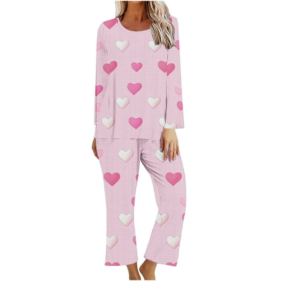Jinhomg Womens Cute Valentines Day Outfits 2 Piece Heart Graphic Holiday Pajamas Lightweight Comfy Long Sleeve Crew Neck Tops and Pants Spring Saving Pink M