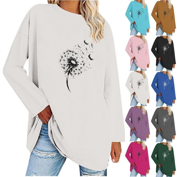 Jinhomg Womens Dandelion Print Sweatshirt Oversized Long Sleeve Casual Tops Loose Comfy Crew Neck Tee Shirts 2025 Trendy Going Out Wear Lighten 90 off Clearance Sale Army Green M