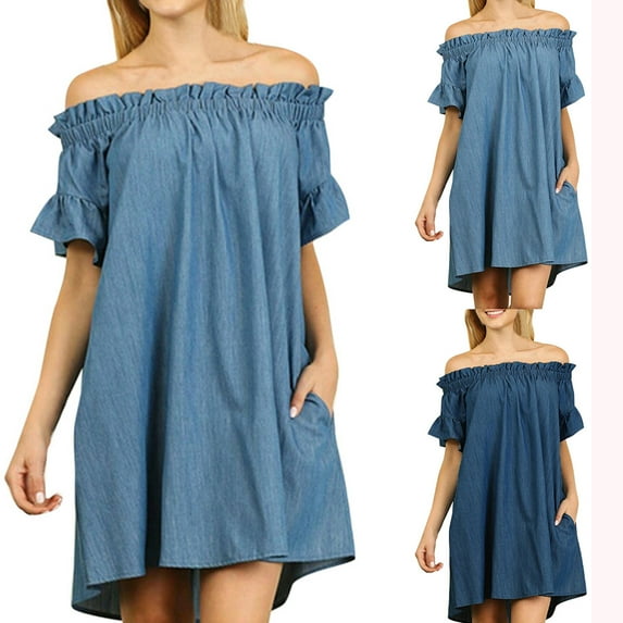 Jinhomg Womens Denim Dresses Trendy Ruffle Trim Off Shoulder Dress Plus Size Casual Flare Sleeve Jean Dresses 2025 Summer Midi Dress with Pockets Todays Daily Deals Light Blue M