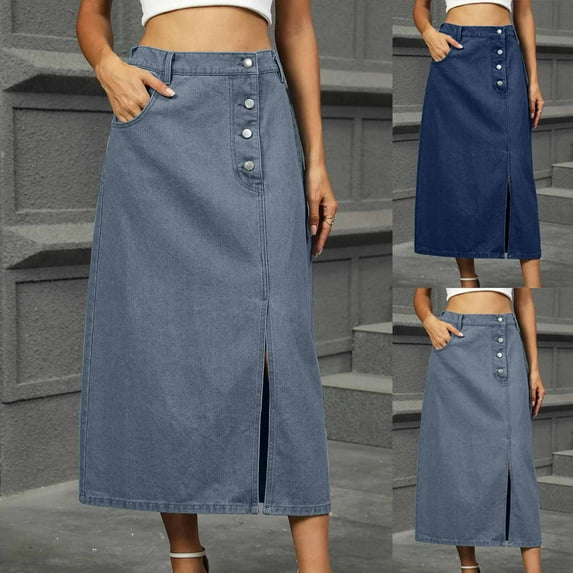 Jinhomg Womens Denim Maxi Skirts Casual Button Front Side Slit Skirt Vintage A-Line Jean Skirt with Pockets Ladies Daily Office Skirt Light Blue L