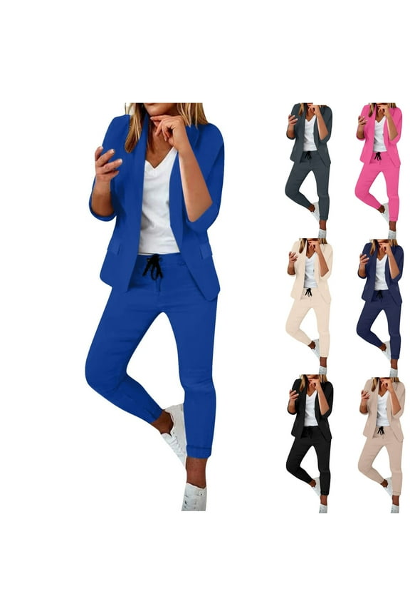 Womens Dressy Office Wear 2 Piece Business Blazer Sets Half Sleeve Open Front Cardigan Jackets and Drawstring Joggers with Pockets Black M