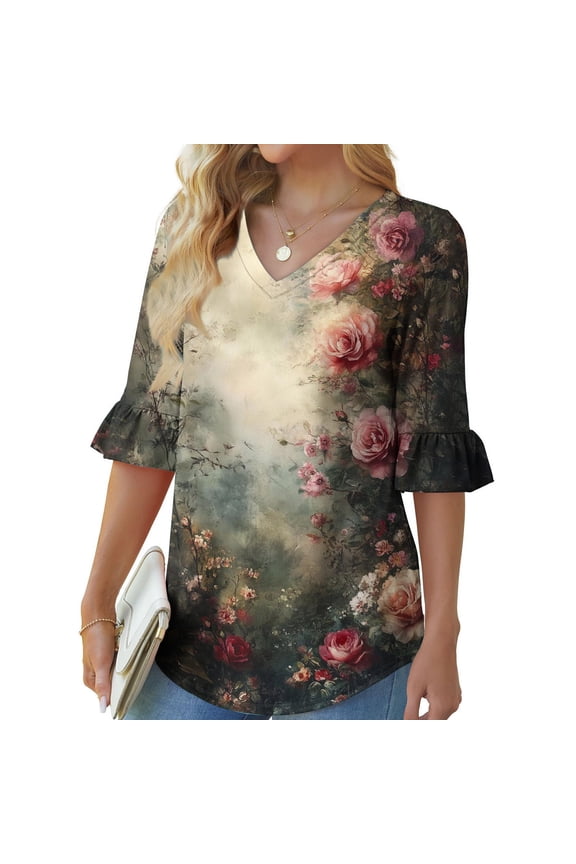 Womens Dressy Tops Casual Ruffle 3/4 Length Sleeve V-Neck Shirts 2025 Novelty Fancy Graphic Tunic Blouses Fashion Going Out Wear Multicolor M