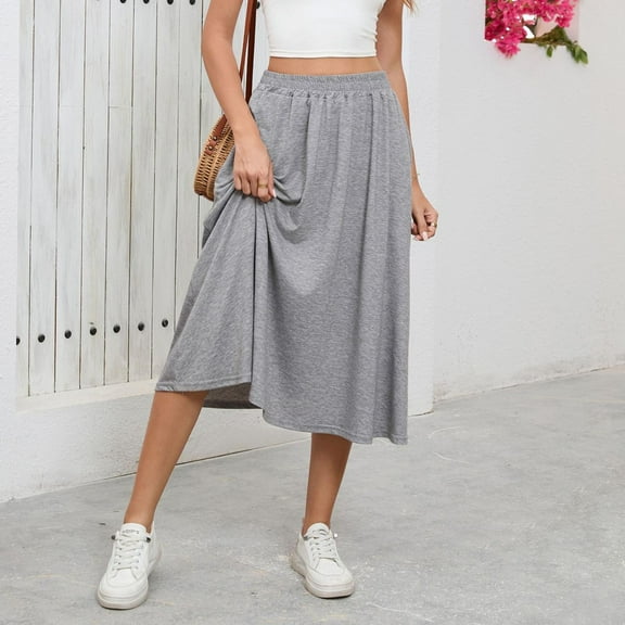 Jinhomg Womens Elastic Waist Skirts Casual Solid Midi Sweat Skirt Loose Fit Comfy A Line Swing Flowy Skirt Spring Summer Going Out Wear Gray L