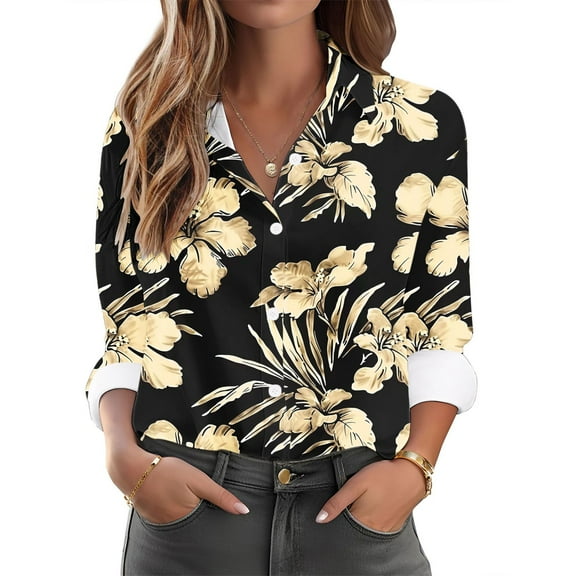 Jinhomg Womens Elegant Floral Shirts Casual Loose Long Sleeve Button Down Blouse 2025 Fashion Lapel Collar V-Neck Summer Tunic Tops Multicolor XL