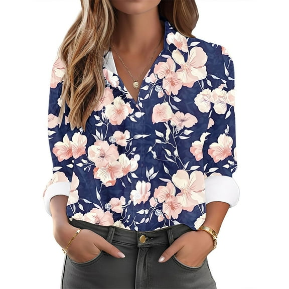 Jinhomg Womens Elegant Floral Shirts Casual Loose Long Sleeve Button Down Blouse 2025 Fashion Lapel Collar V-Neck Summer Tunic Tops lady Multicolor M