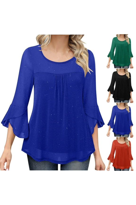 Womens Elegant Tunics Dressy Casual Solid Ruffle Hem Wedding Tops Lightweight Comfy 3/4 Sleeve Crew Neck Mesh Shirts Cocktail Party Blouses Blue L
