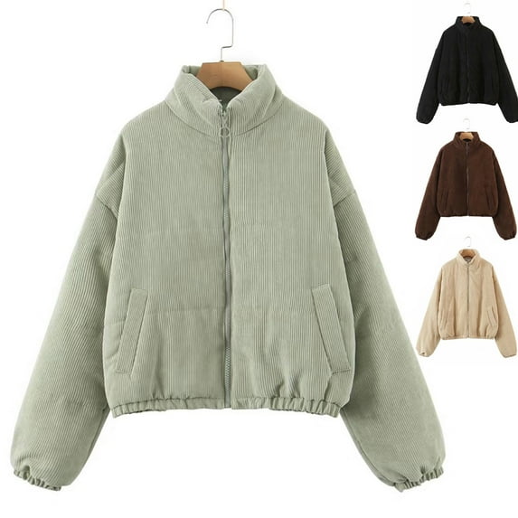 Jinhomg Womens Fall Corduroy Jacket Warm Cozy Long Sleeve Puffer Coat Casual Solid Zip-Up Outerwear with Pockets Coffee L