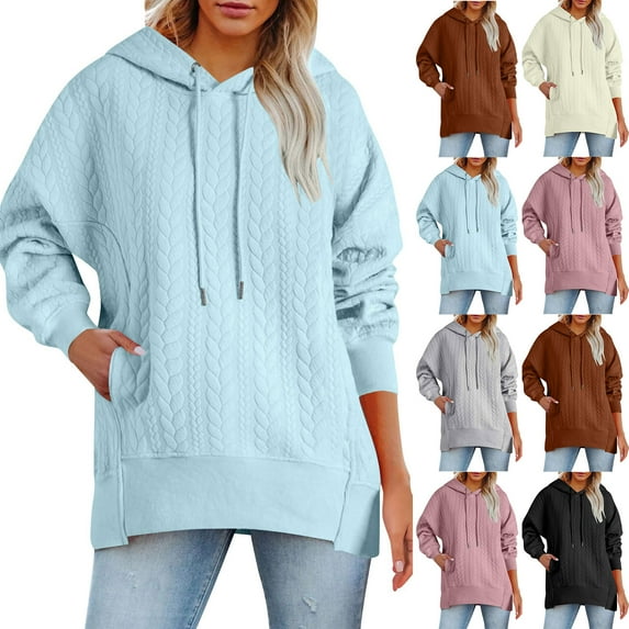 Jinhomg Womens Fall Sweatshirts Comfy Long Sleeve Cable Knit Pullover Tops Dressy Casual Solid Drawstring Hoodie Oversized Sweatshirt with Pockets Black L