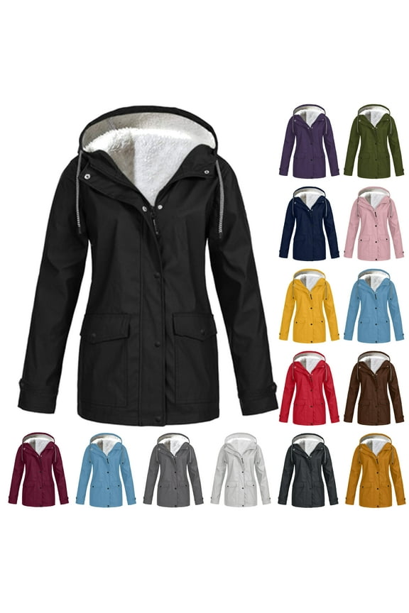 Womens Fall Winter Rain Jacket Long Sleeve Waterproof Windbreaker Thermal Cozy Fleece Lined Hooded Coats Lightweight Running Cycling Jackets Clearance Items for Women Dark Gray M