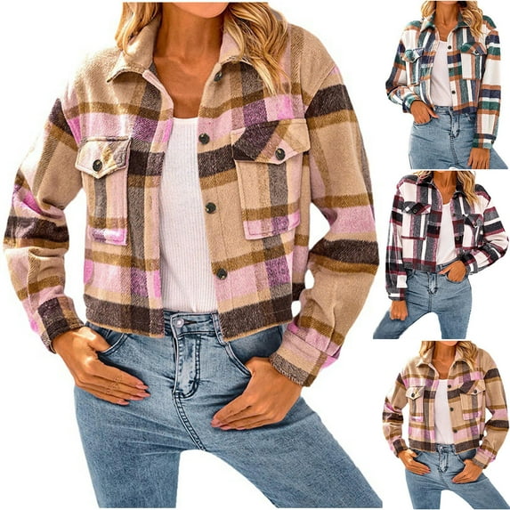 Jinhomg Womens Fashion Cropped Shacket Lightweight Comfy Button Down Jackets Casual Plaid Print Long Sleeve Button Crop Jackets Winter Saving Black L