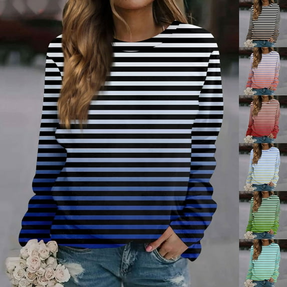 Jinhomg Womens Fashion Long Sleeve Tee Shirt Gradient Striped Print Casual Tshirt Loose Comfy Crewneck Holiday Tunics Light Blue XL
