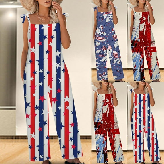 Jinhomg Womens Fashion Overalls Dressy American Flag Graphic Printed Jumpsuits Plus Size Casual One Piece Sleeveless Romper Bib Pants Summer Saving Purple L