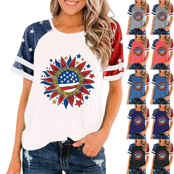 Jinhomg Womens Fashion Summer Tops Plus Size Raglan Sleeve American Flag Tees Casual Fourth of July Themed Party T-Shirts Ladies Independence Day Gifts White L