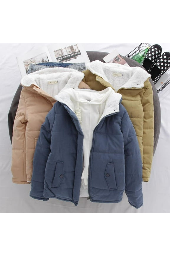 Womens Fleece Lined Hooded Coat Lightweight Comfy Full-Zip Puffer Jacket Fall Winter Warm Long Sleeve Cotton Coat with Pockets Blue M