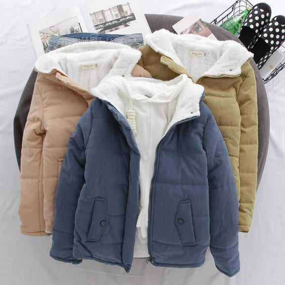 Jinhomg Womens Fleece Lined Hooded Coat Lightweight Comfy Full-Zip Puffer Jacket Fall Winter Warm Long Sleeve Cotton Coat with Pockets Khaki XXL