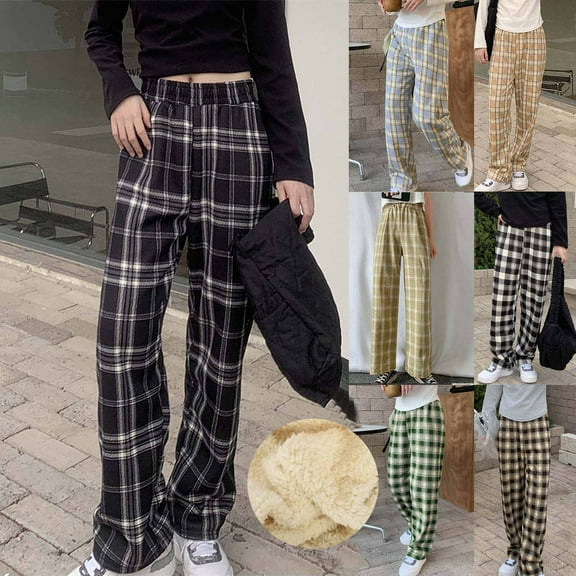 Jinhomg Womens Fleece Lined Straight Leg Pants 2024 Trendy Casual Plaid Pants High Waisted Thermal Lounge Trousers with Pockets Holiday Saving Army Green One Size