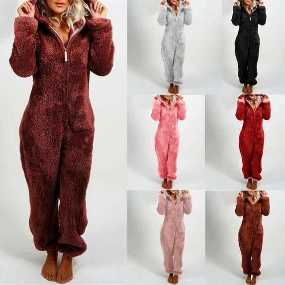 Jinhomg Womens Fleece Romper Plush One-Piece Cute Cat Ear Hooded Pajama Plus Size Thermal Comfy Plush Sleepwear Playsuit Winter Saving Gray XL