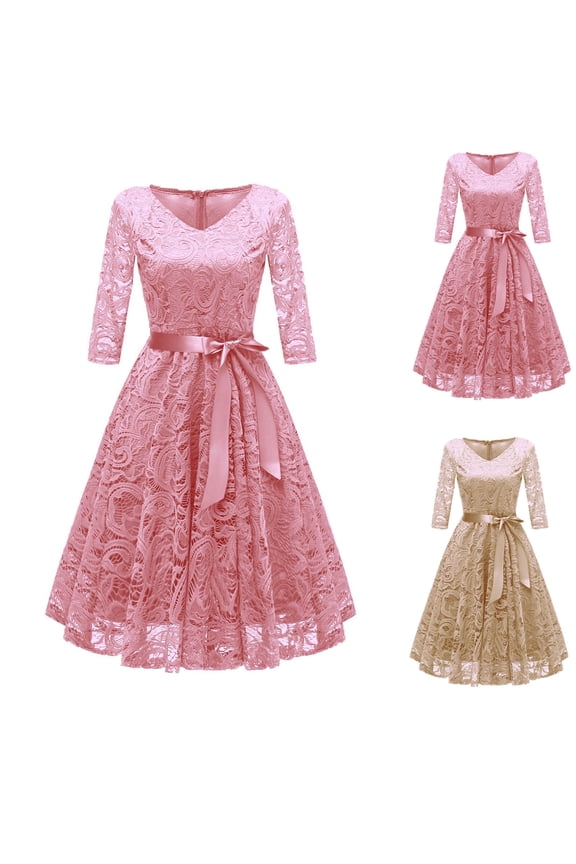 Womens Floral Lace Midi Dresses 3/4 Length Sleeve Ruffles Cocktail Party Swing Dress 1950s Vintage A-Line Wedding Guest Dresses