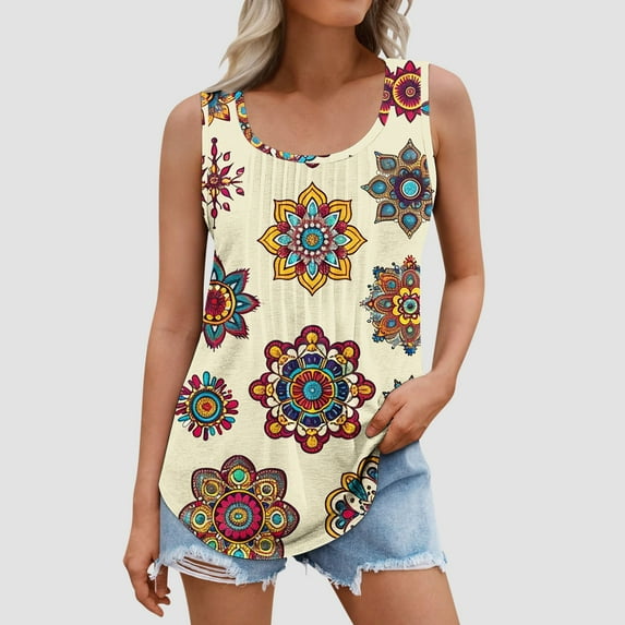 Jinhomg Womens Flowy Tank Tops Casual Loose Boho Floral Print Pleated Tops Lightweight Comfy Scoop Neck Sleeveless Camis Plus Size Shirts Multicolor XXXXL