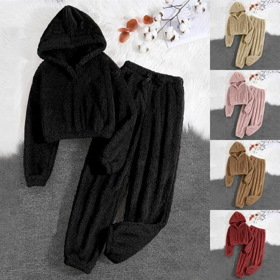 Jinhomg Womens Fuzzy Pajamas Set 2 Piece Winter Warm Sleepwear Soft Cozy Long Sleeve Cropped Hoodies and Pants Khaki M