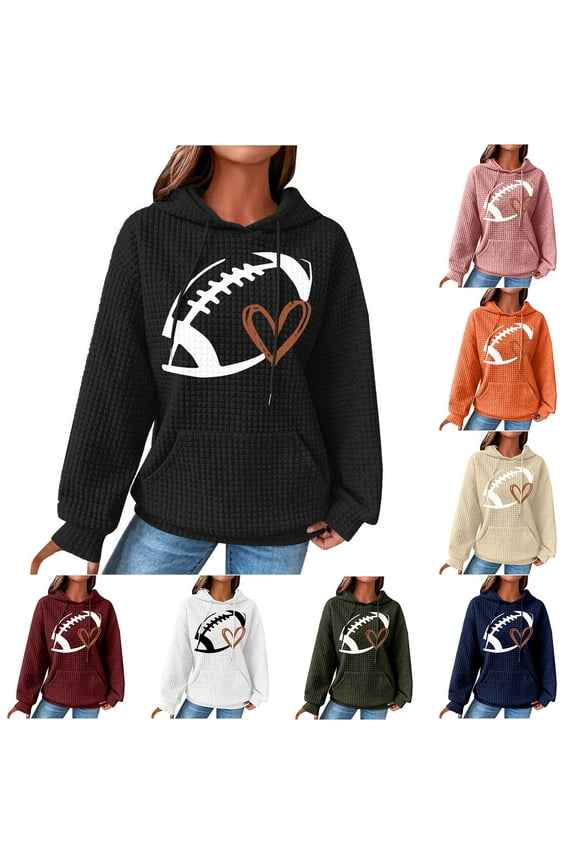 Womens Game Day Sweatshirt Cute Football Graphic Crewneck Hoodie Fall Casual Comfy Waffle Knit Long Sleeve Hooded Sweatshirt with Kangaroo Pocket Army Green S