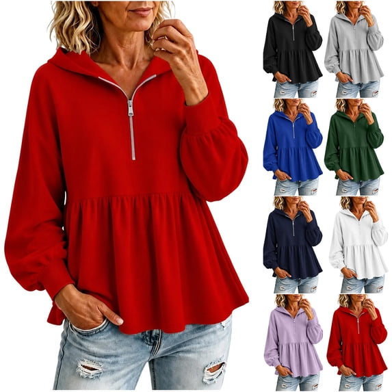 Jinhomg Womens Half Zip Hoodie Sweatshirt Casual Long Sleeve Ruffle Hem Peplum Pullover Tops L