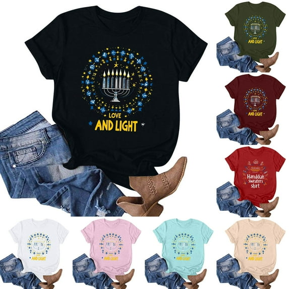 Jinhomg Womens Happy Hanukkah Shirt Funny Love And Light Celebration Tees Casual Short Sleeve Chanukah Menorah Graphic T-Shirts 90 off Deals White M