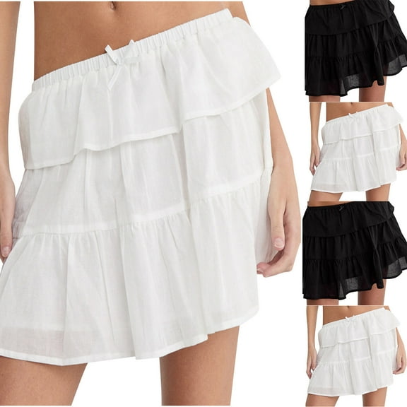 Jinhomg Womens Cute Swing Skirt 2025 Trendy Tiered Ruffled A-Line Skirts Flowy Swing Elastic High Waist Mini Skirt Ladies Summer Y2K Skirts White M