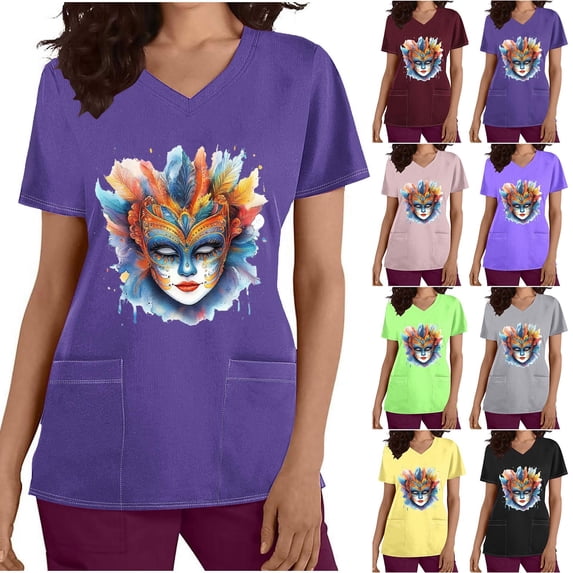 Jinhomg Womens Holiday Scrub Shirts Funny Mardi Gras Mask Graphic Scrubs Lightweight Comfy Short Sleeve V-Neck Carnival Themed Tunic Top 90 Percent off Clearance Black M