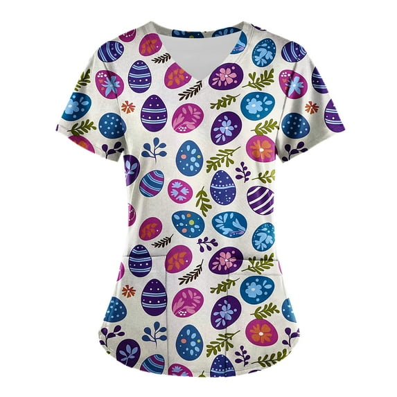 Jinhomg Womens Holiday Scrub Top Cute Easter Day Colored Eggs Graphic Tunic Blouse Casual Comfy Short Sleeve V-Neck Nursing Uniform Holiday Clearance Sale Multicolor S
