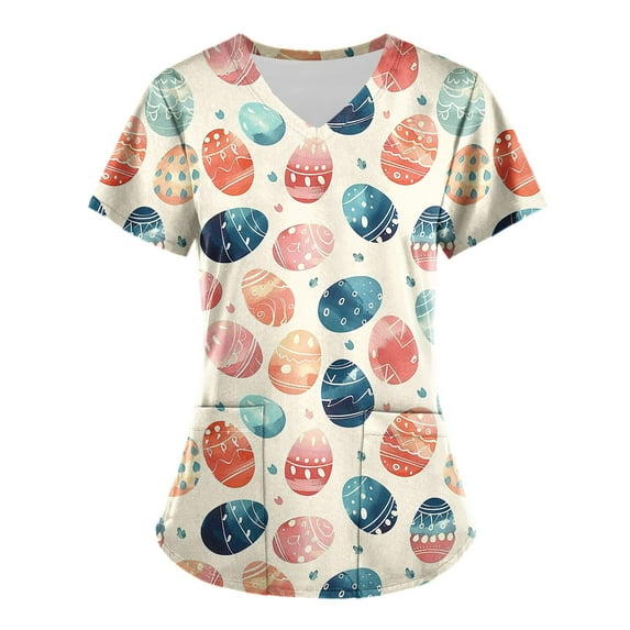 Jinhomg Womens Holiday Scrub Top Cute Easter Day Colored Eggs Graphic Tunic Blouse Casual Comfy Short Sleeve V-Neck Nursing Uniform Sales Today Clearance Multicolor S
