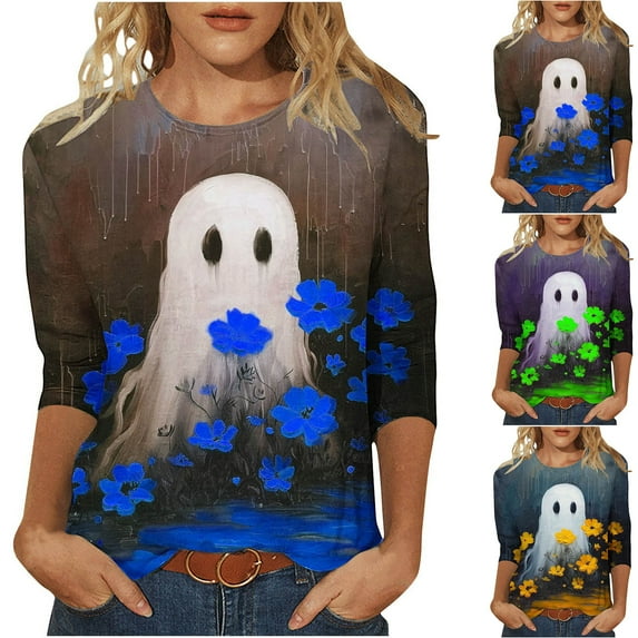 Jinhomg Womens Holiday Tunic Tops Cute Ghost Graphic 3/4 Sleeve Casual Tees Plus Size Comfy Fall Pullover Tops Spring Saving Blue XXL