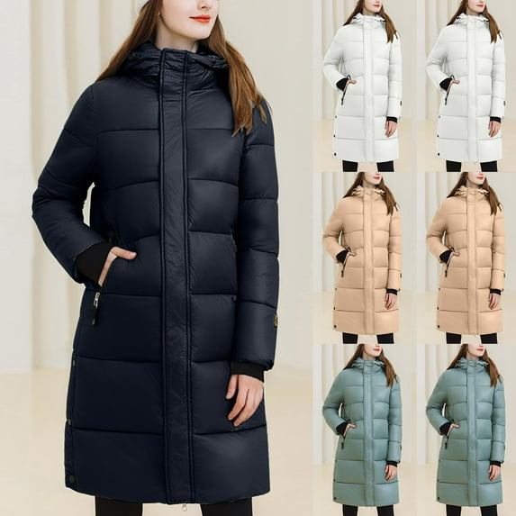 Jinhomg Womens Hooded Quilted Puffer Jacket Winter Warm Mid-Length Padded Coat Heavyweight Comfy Long Sleeve Double Closure Outerwear 90 Percent off Clearance White L