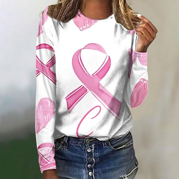 Jinhomg Womens Inspirational Tshirts Cute Pink Ribbon Crew Neck Tee Shirt Dressy Casual Long Sleeve Breast Cancer Awareness Tops Pink#2 L