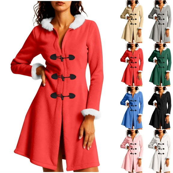 Jinhomg Womens Jacket Dresses Christmas Pea Coat Faux Fur Trim Horn Button Hooded Jackets Winter Warm Overcoat Green XL