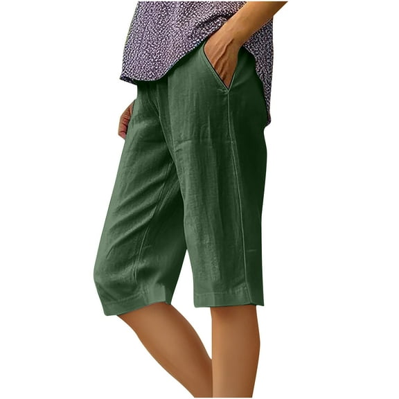 Jinhomg Womens Knee Length Shorts with Pockets Casual Comfy Solid Cotton Linen Shorts Loose Fit Elastic Waist Straight Leg Vacation Beach Shorts Prime Big Deal Days Scale Army Green L