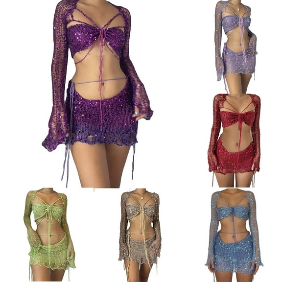 Jinhomg Womens Knit Dress Sets Trendy Tie Front Long Sleeve Crop Tops with Slim Fit Bodycon Mini Skirt 2 Piece Sweater Skirts Outfits Set Red XL