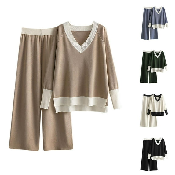 Jinhomg Womens Knit Pajama Set Fall Lightweight Comfy Long Sleeve V-neck Tops and Wide Leg Pants 2 Piece Trendy Color Block Loungewear Outfits Blue Free Size