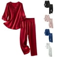 thumbnail image 1 of Jinhomg Womens Lace Pajamas Set Trendy 3/4 Sleeve Bowtie V-Neck Pullover Tops and Elastic Waist Pants 2 Piece Lightweight Cozy Loungewear Sleepwear Seasonal Sale Black M, 1 of 7