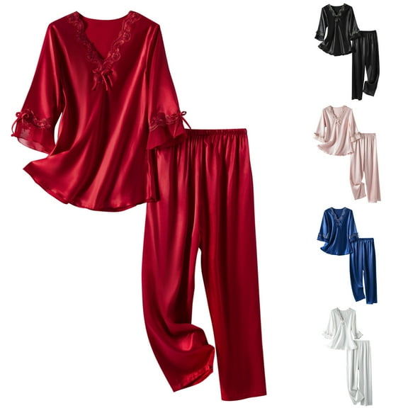 Jinhomg Womens Lace Pajamas Set Trendy 3/4 Sleeve Bowtie V-Neck Pullover Tops and Elastic Waist Pants 2 Piece Lightweight Cozy Loungewear Sleepwear Winter Saving Wine L