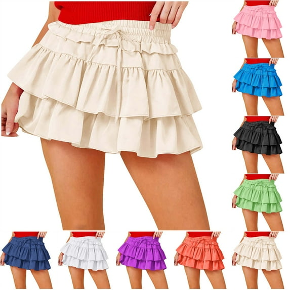 Jinhomg Womens Layered Skirt Cute Ruffle Hem Pleated Swing Dress Flowy Comfy Elastic Drawstring Waist Mini Dress 2025 Fashion Y2K Streetwear Black XL