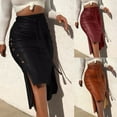 thumbnail image 1 of Jinhomg Womens Leather Skirts 2025 Trendy Side Button Split Pencil Skirt Slim Fit Comfy High Waisted Midi Skirts Dressy Casual Belted Work Skirt Brown M, 1 of 7
