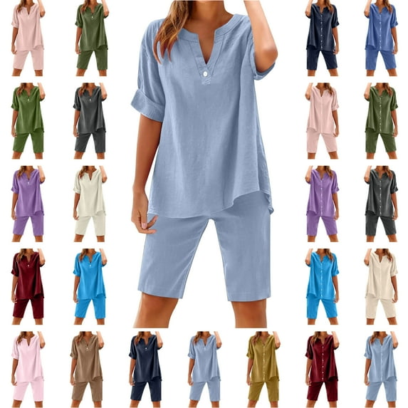 Jinhomg Womens Lightweight Summer Sets Casual Loose Fit Short Sleeve Button V-Neck Shirts with Shorts Breathable Comfy Daily Wear Light Blue XXL
