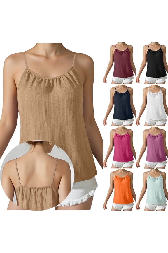 Womens Linen Tank Top Sleeveless Cami Tops Spaghetti Strap Camisole Shirts Navy S