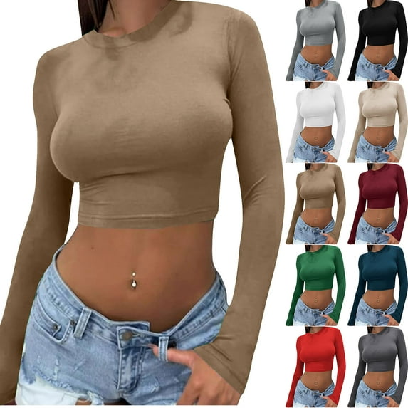 Jinhomg Womens Long Sleeve Shirts Solid Soft Basic Crop Tees Tops Going Out Spring 2025 Workout Outfits Y2k Clothes Navy,M