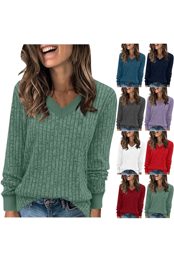 Womens Long Sleeve Tops Fall Clothes 2025 V Neck Ribbed Knit Basic Tee Shirts Going Out Trendy Outfits Rebajas de invierno Green M